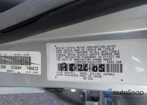 2004 Toyota Corolla Le z USA, uszkodzony, nr VIN JTDBR32E142021359